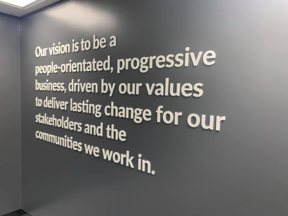 What Signage Solutions Does a Workplace Need to Provide for People to Genuinely Want to Be There? - Signwrite Studios Internal Office GallifordTry Company Vision Cut Acrylic Letters