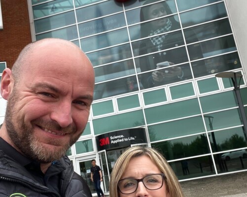 Lisa and Ben connecting with industry peers at the 3M Bracknell Architectural Day Lisa and Ben standing together at the 3M Bracknell Architectural Day event, engaging with 3M DINOC architectural film and glass finishes.