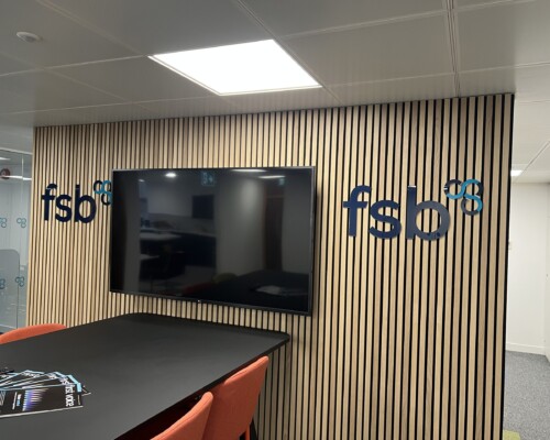 Interior office branding with routered logo, wall mounted cut acrylic letters & logo Office signage - Interior office branding with routered logo, wall mounted cut acrylic letters & logo
