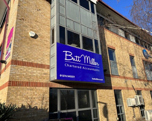 Window Signs - Aluminium composite panel with full colour graphics to face, affixed to window frame Office Branding at Butt Miller Camberley - Window Signs - Aluminium composite panel with full colour graphics to face, affixed to window frame