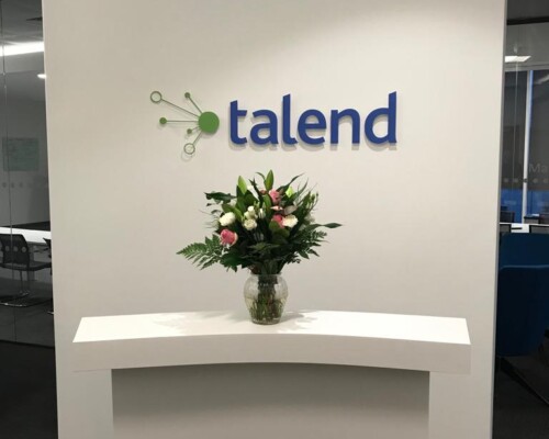 High Quality Business Name Acrylic Signs Reception signage for Talend - Logo & company text provided as cut acrylic on stand off locators