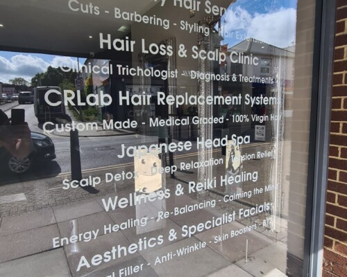Promote your services with fret cut window frost films Window frost film, fret cut with your services clearly listed